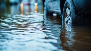 Car driving in flash flood